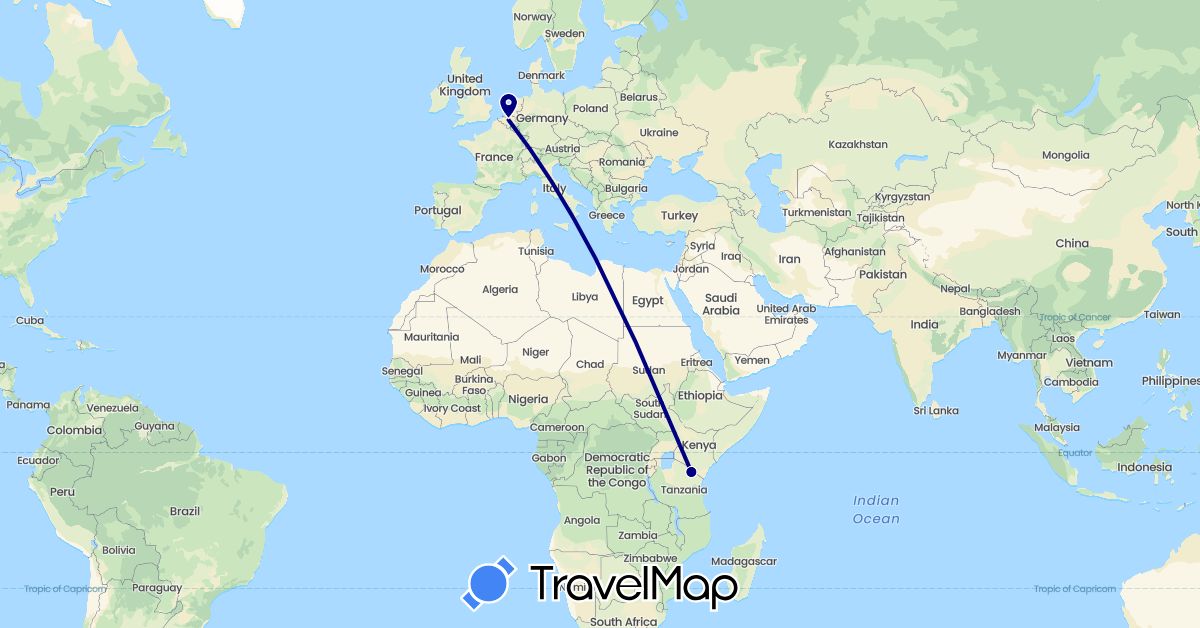 TravelMap itinerary: driving, plane in Belgium, Tanzania (Africa, Europe)