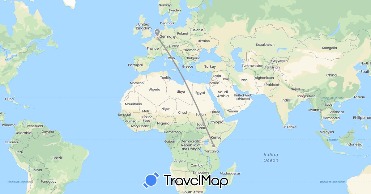 TravelMap itinerary: plane in Belgium, Tanzania (Africa, Europe)